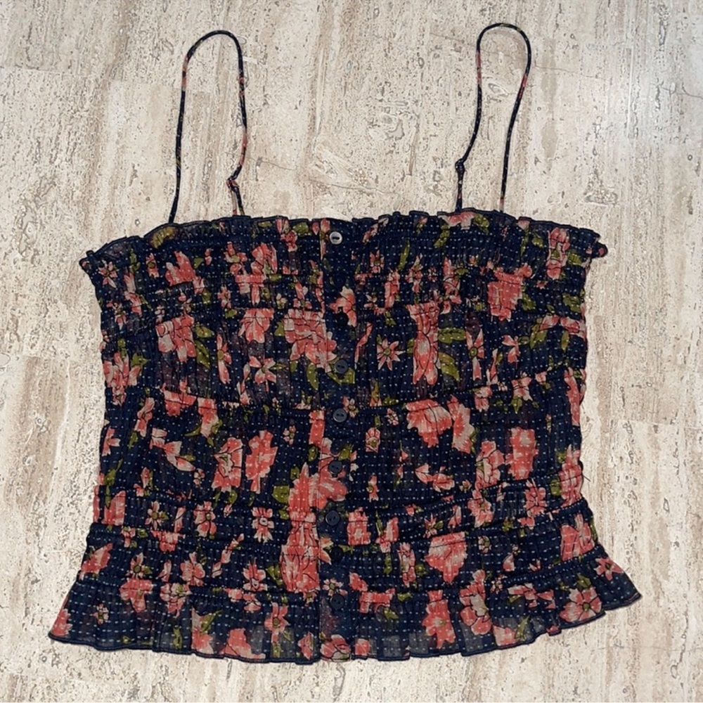 FREE PEOPLE Floral Print Smocked Women's Cropped Corset Black Red Polka Dot Sz S - Picture 3 of 8